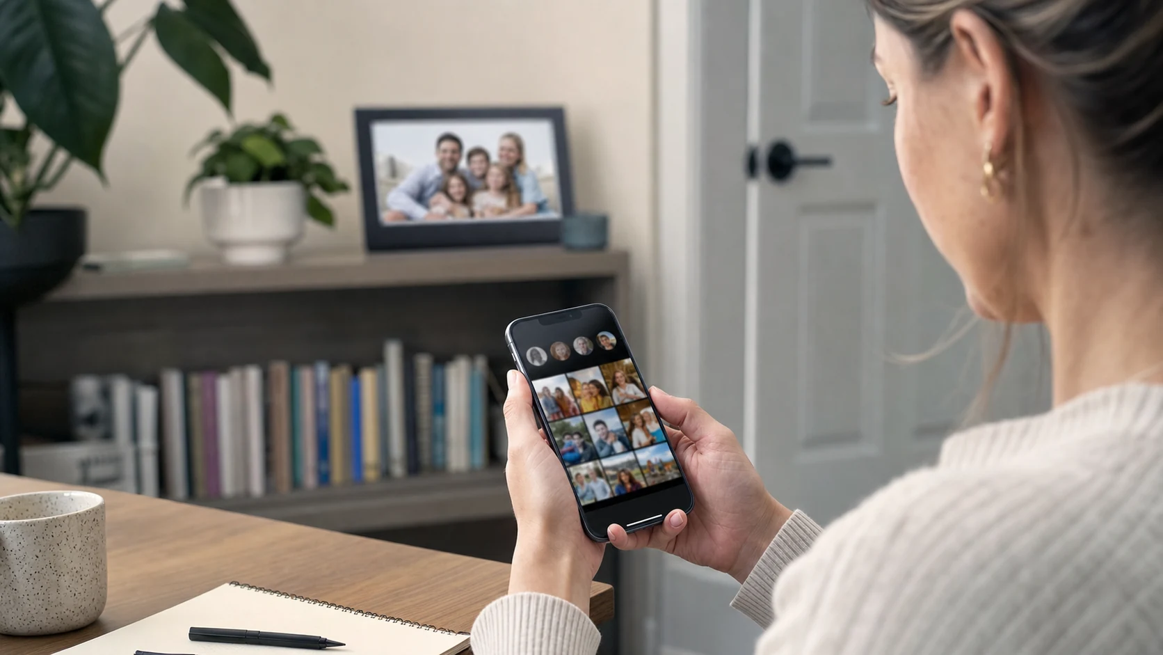 A parent reviewing a private family album on a phone with a digital frame in the background.