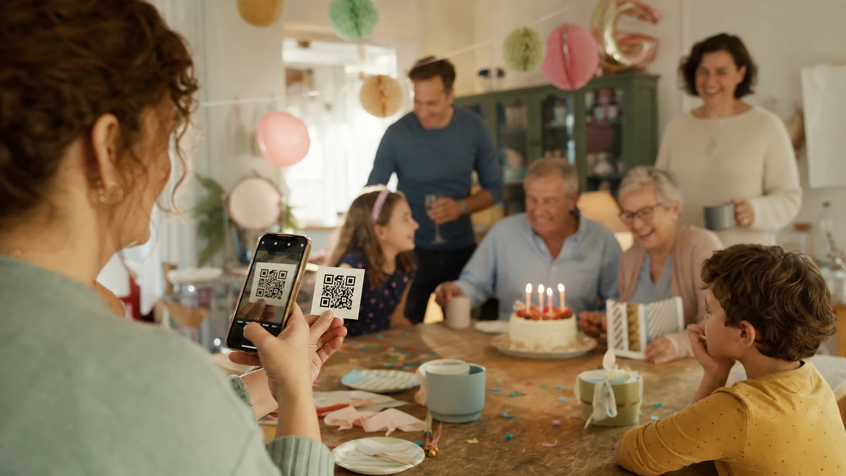 A birthday guest scanning a QR code while family members celebrate around a cake.