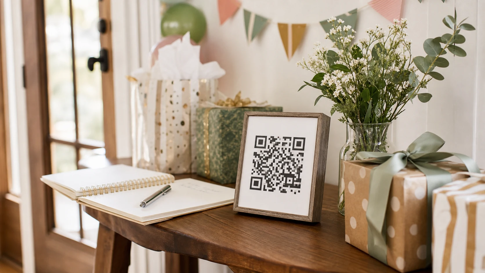 A framed birthday photo QR code placed beside a guest book and gifts.