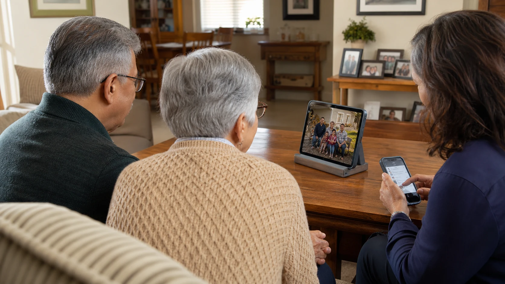 Grandparents viewing a family photo on a tablet while a relative manages the album from a phone.