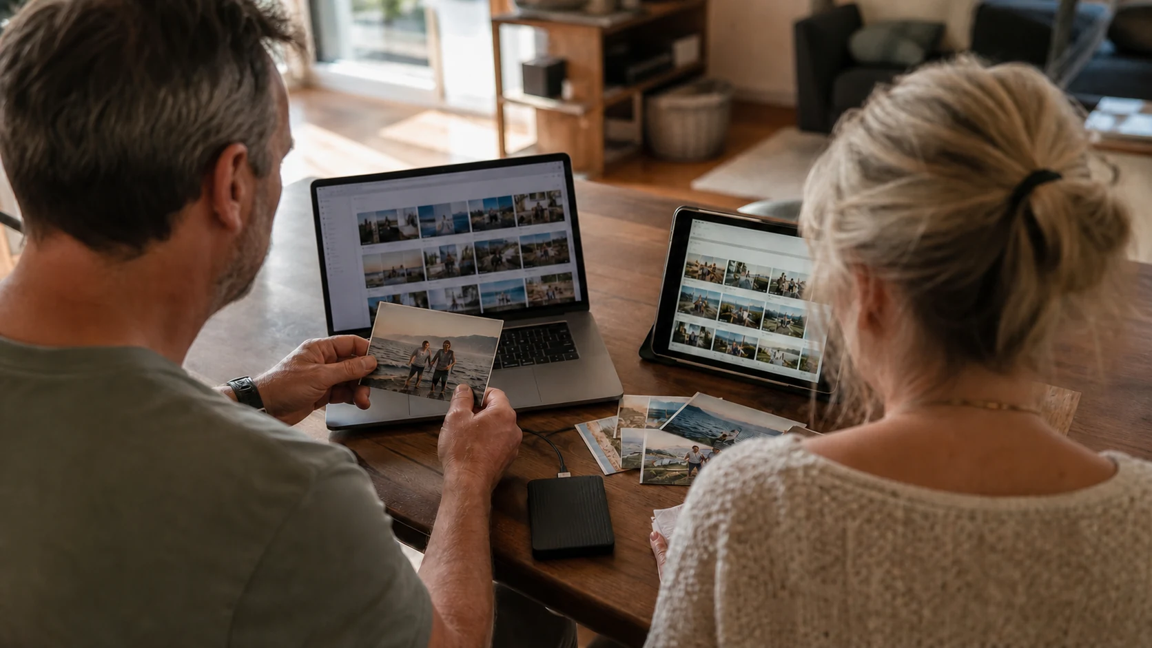 A couple sorting family photos on a laptop and tablet with printed pictures on the table.