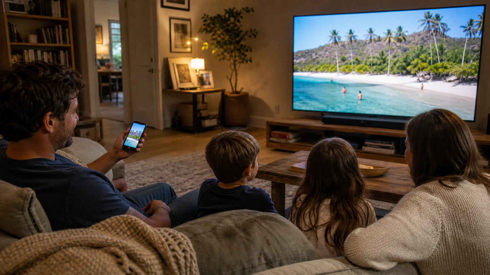 A family watching vacation photos on a television while controlling the slideshow from a phone.