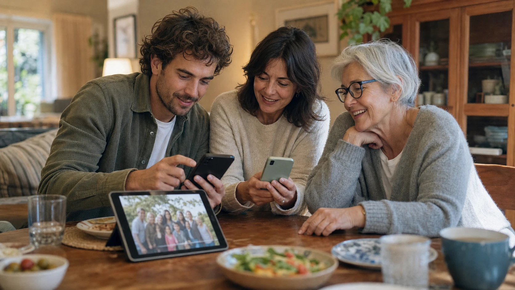 Three generations sharing family photos across two phones and a tablet.