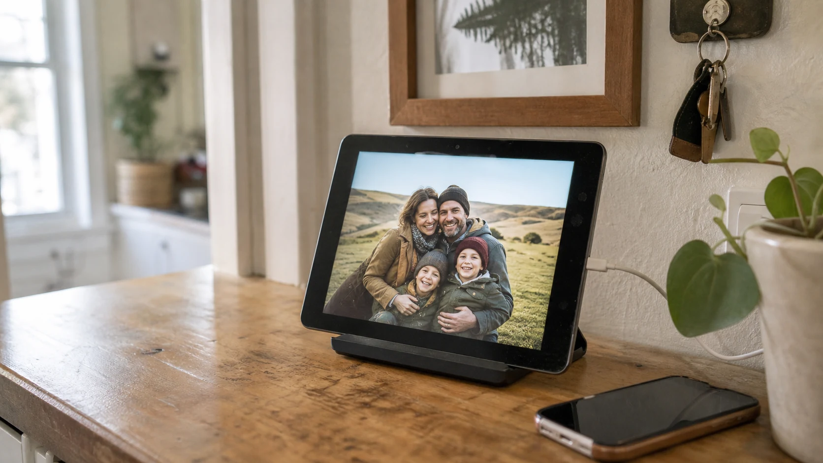 A capable tablet on a stand showing a family slideshow in a lived-in home.