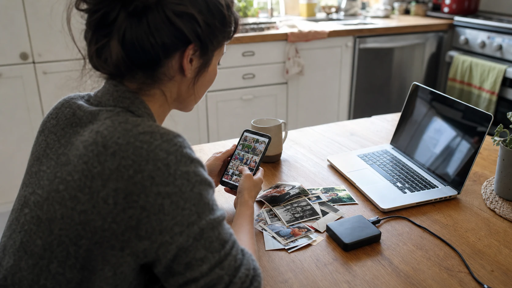 A woman organizing family photos on her phone beside printed photos, a laptop, and an external drive.