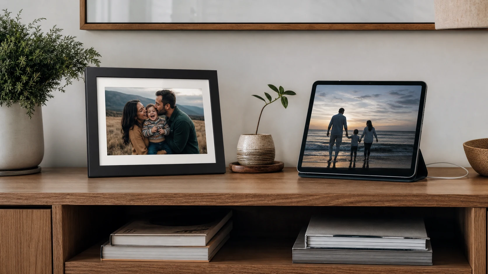 A dedicated digital photo frame and a tablet frame displayed side by side.